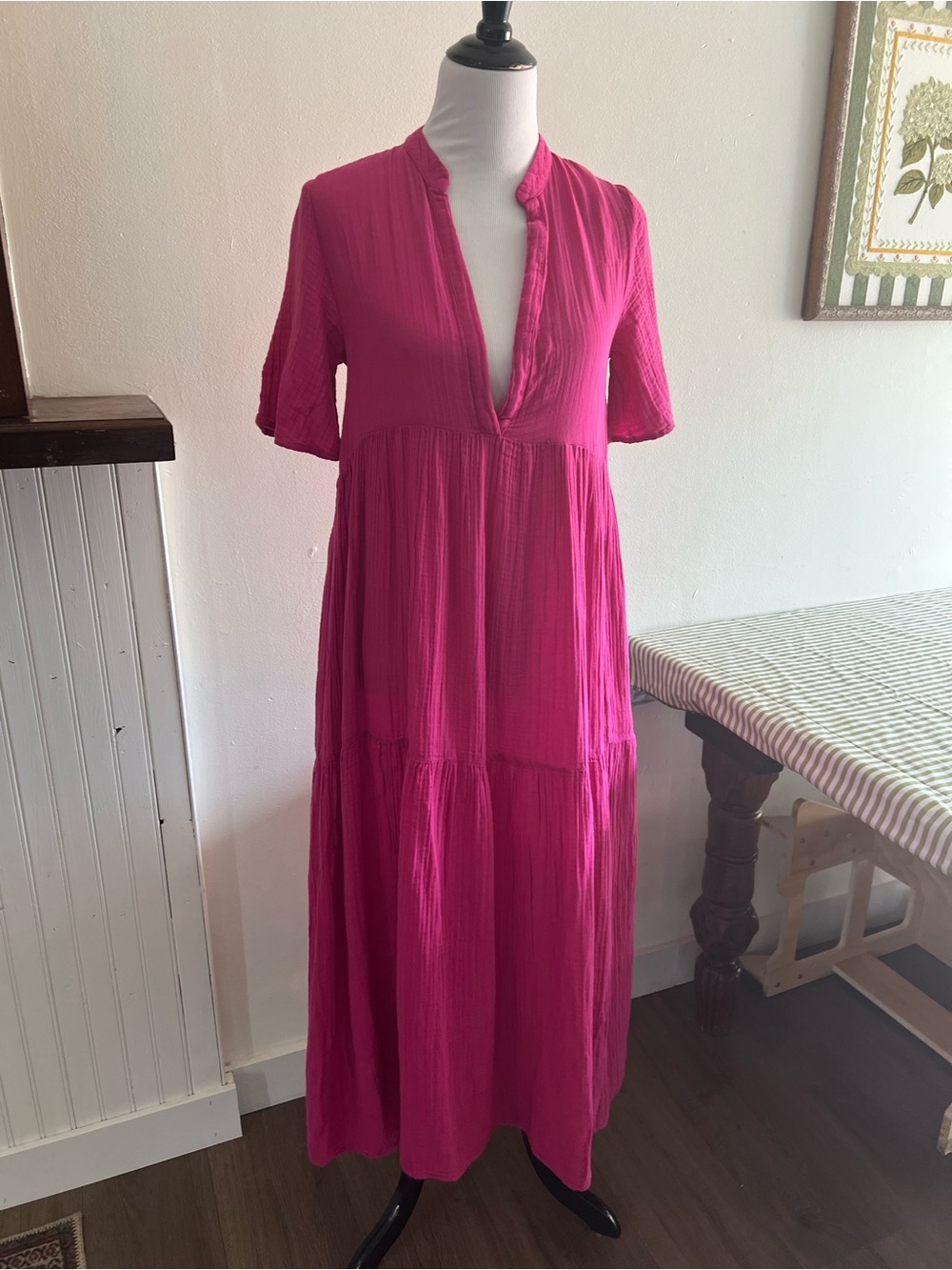 Anthropologie Fuchsia Tiered V-Neck Maxi Dress